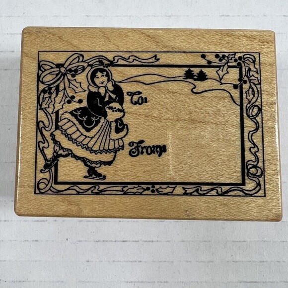 PSX F-392 Christmas Rubber Stamp GIRL ICE SKATING VINTAGE TO/FROM TAG LABEL - Picture 2 of 11